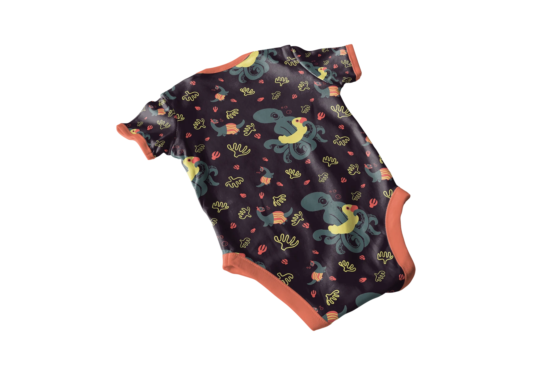 Baby bodysuit with coral trim and the Weird Swimmers underwater character pattern on dark plum