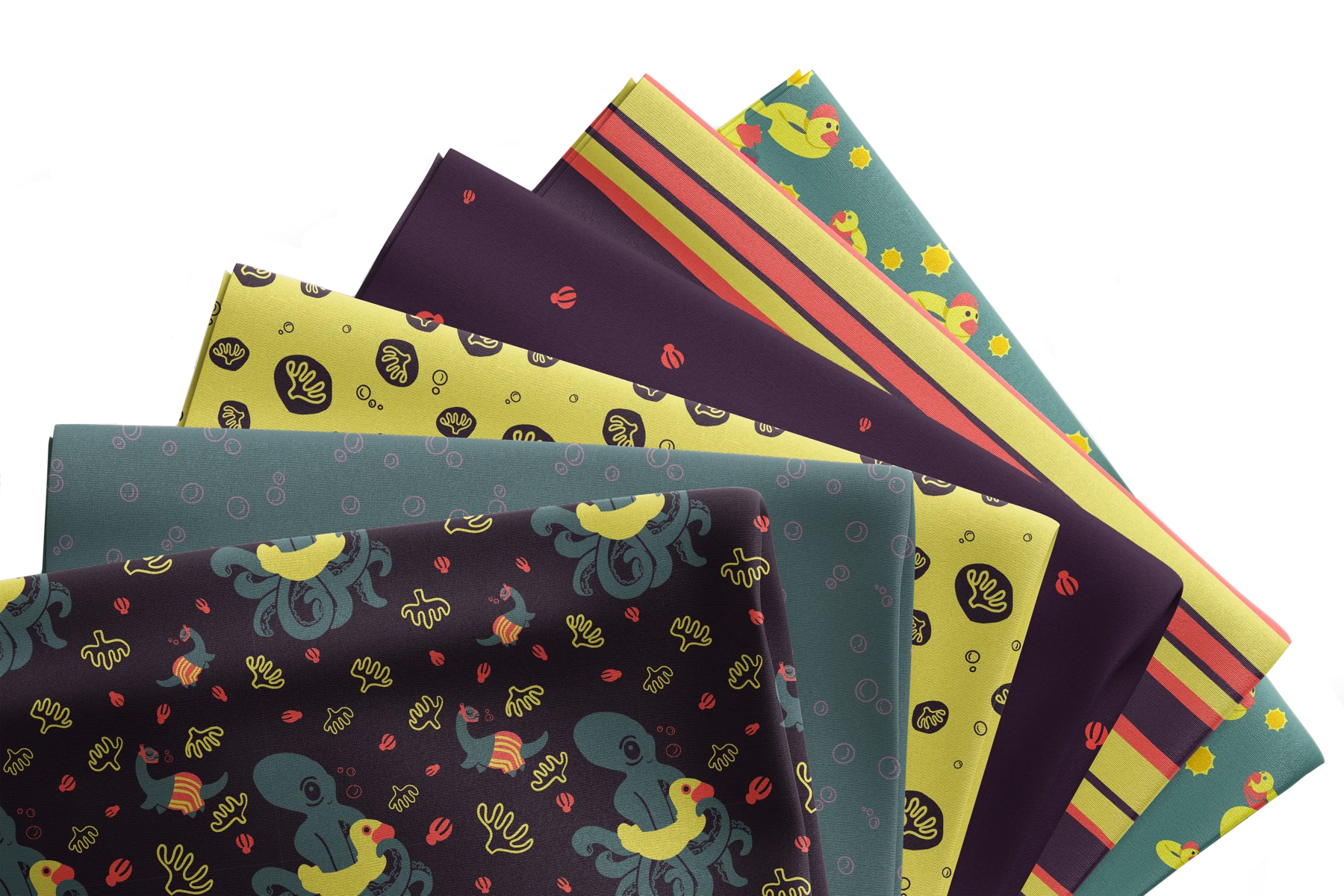 Six coordinated Weird Swimmers fabrics fanned out, showing underwater characters, bubbles, sea motifs, stripes, and duck floats
