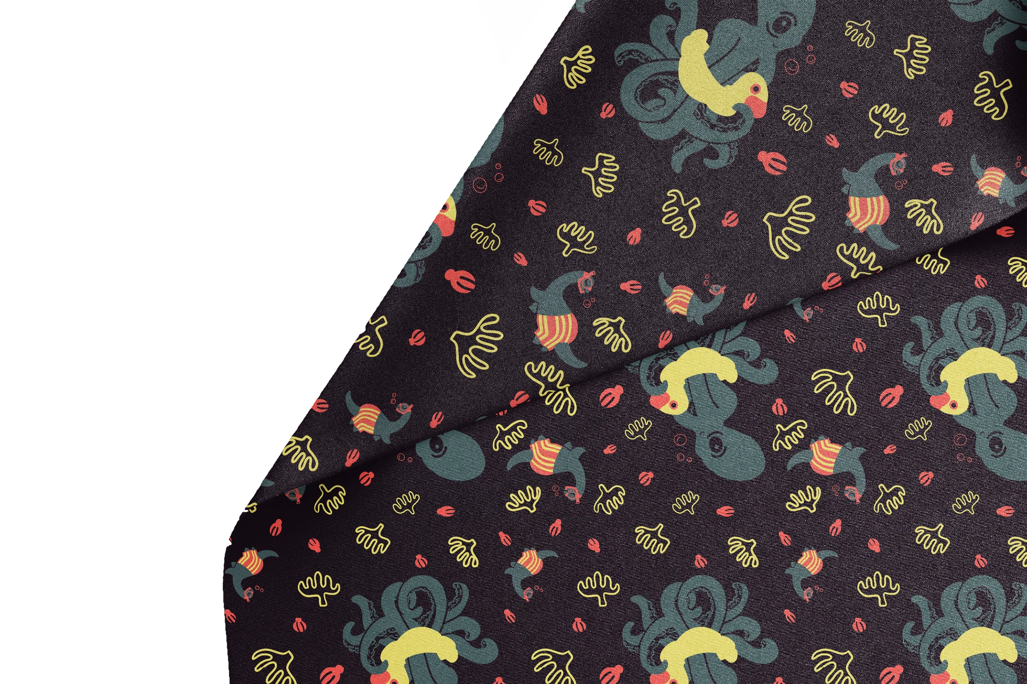 Weird Swimmers textile mockup with playful octopuses, swimming creatures, coral marks and yellow accents