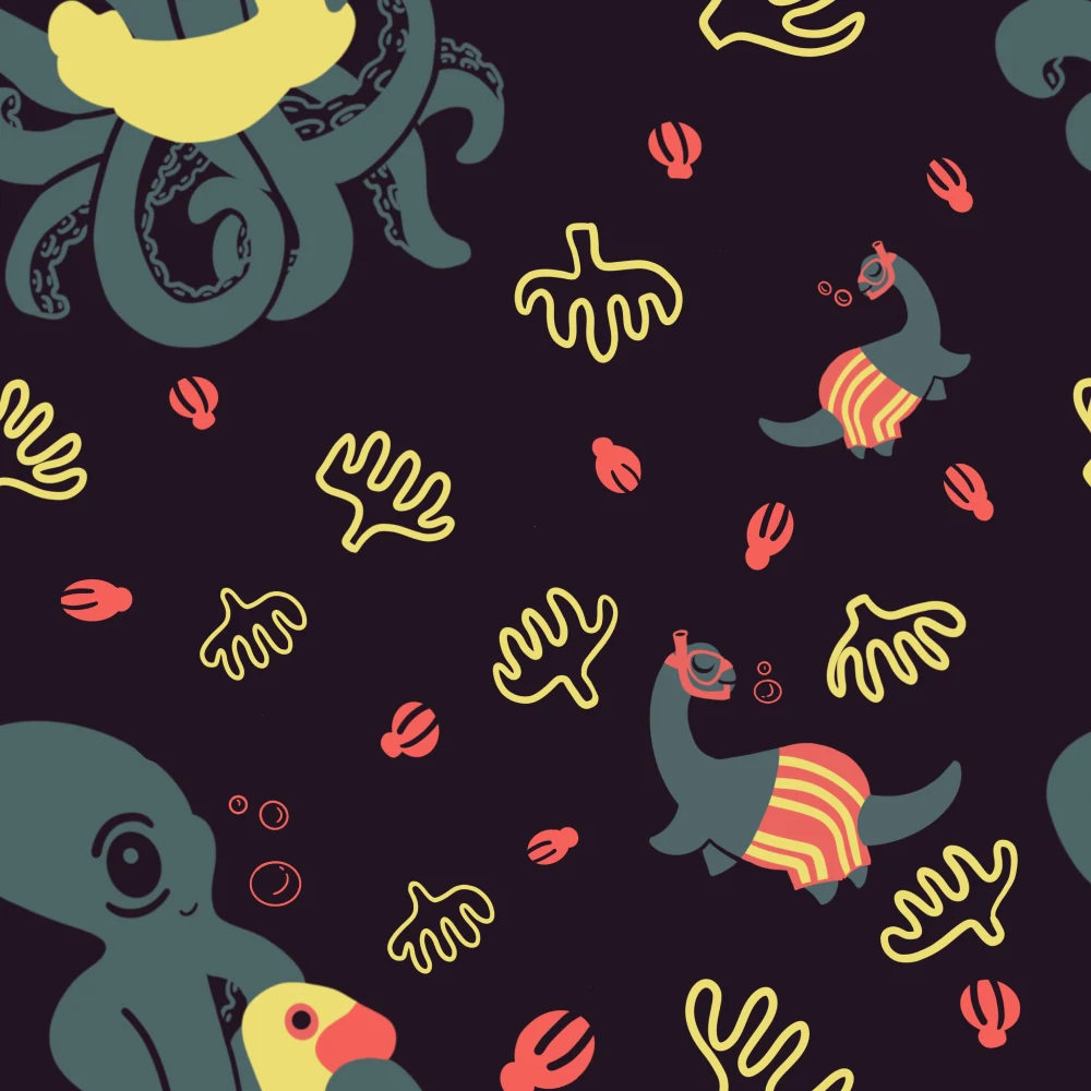 Playful octopuses and snorkeling creatures with coral and yellow accents on dark plum