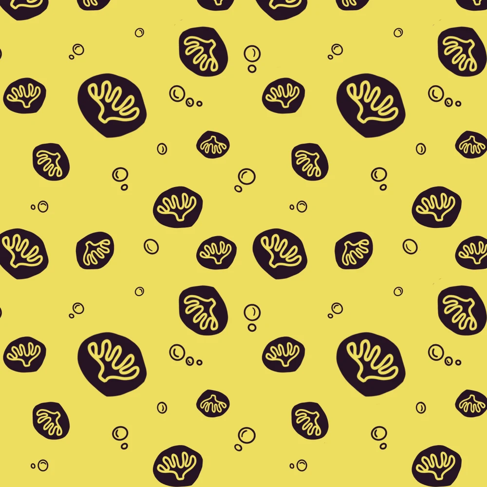 Dark plum sea motifs and bubbles on sunny yellow